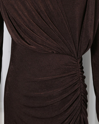 Coffee Ruched Long-Sleeve Maxi Dress
