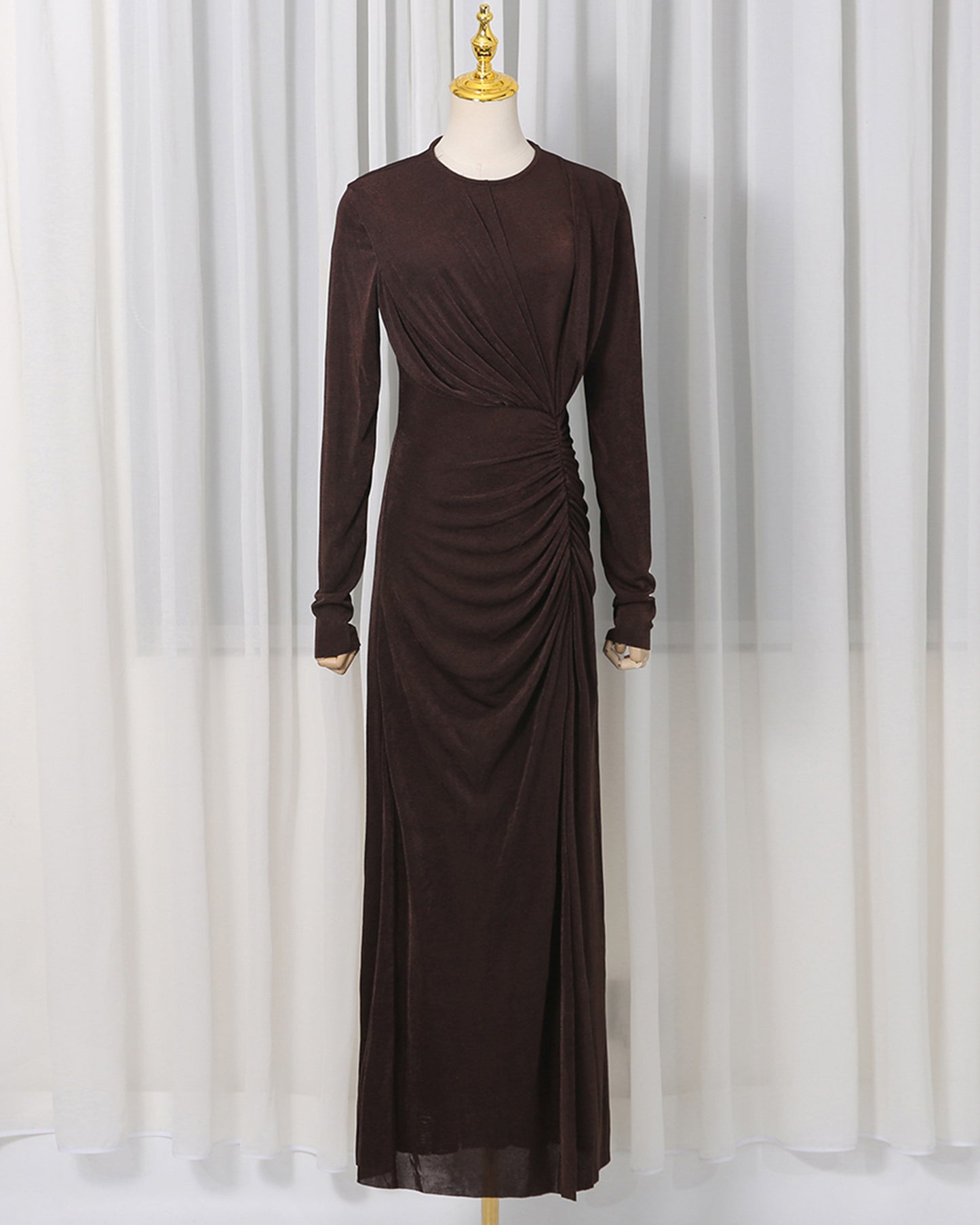 Coffee Ruched Long-Sleeve Maxi Dress