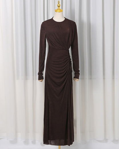 Coffee Ruched Long-Sleeve Maxi Dress