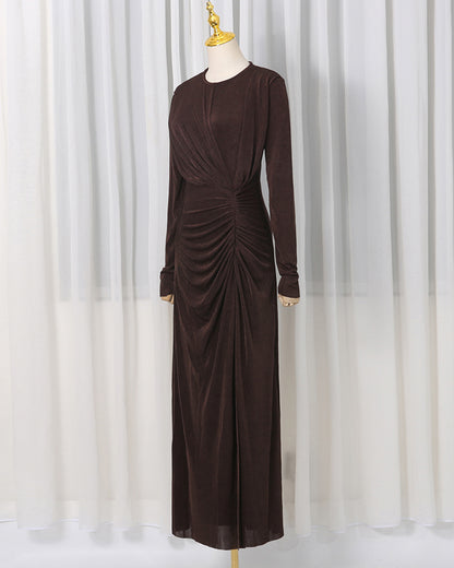 Coffee Ruched Long-Sleeve Maxi Dress