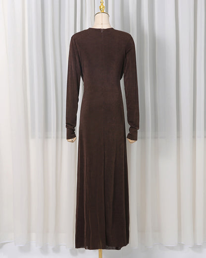 Coffee Ruched Long-Sleeve Maxi Dress