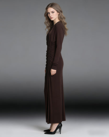 Coffee Ruched Long-Sleeve Maxi Dress