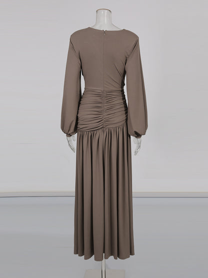 Coffee Ruched Maxi Dress with Cutout Waist