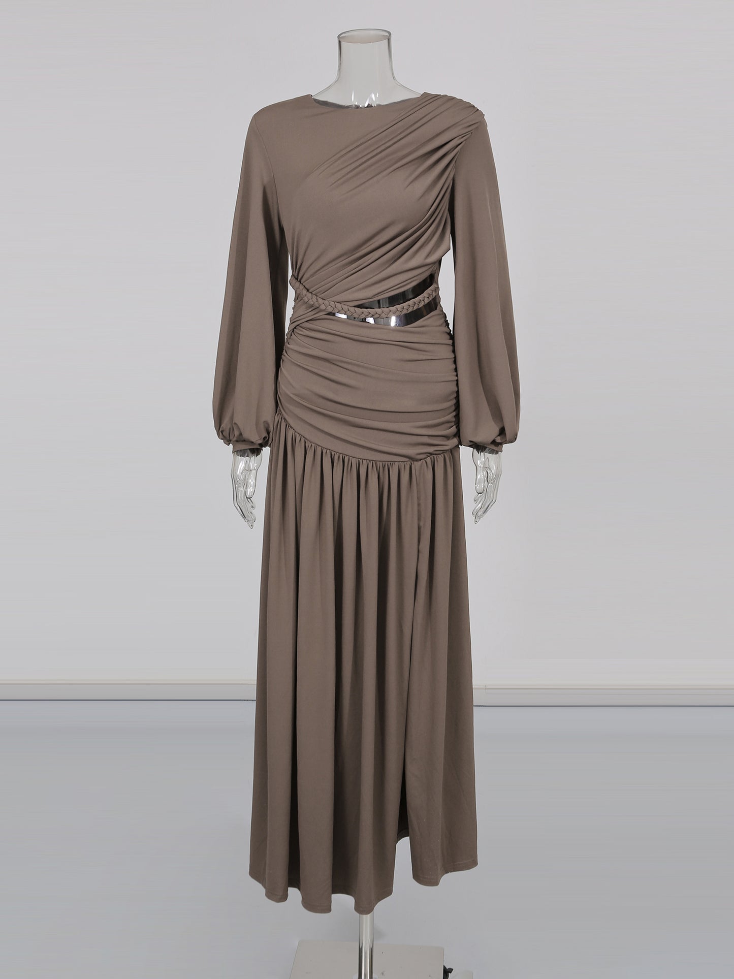 Coffee Ruched Maxi Dress with Cutout Waist
