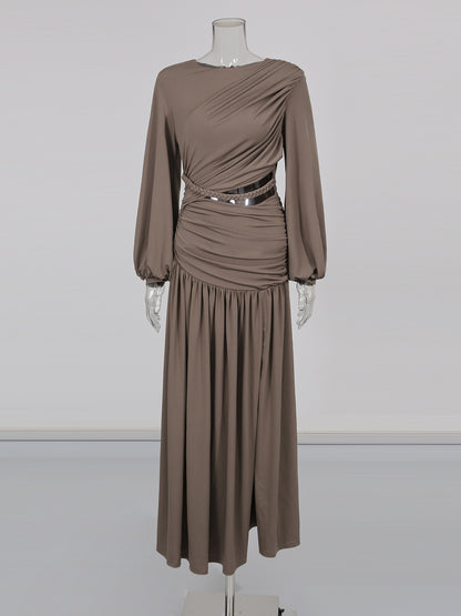 Coffee Ruched Maxi Dress with Cutout Waist