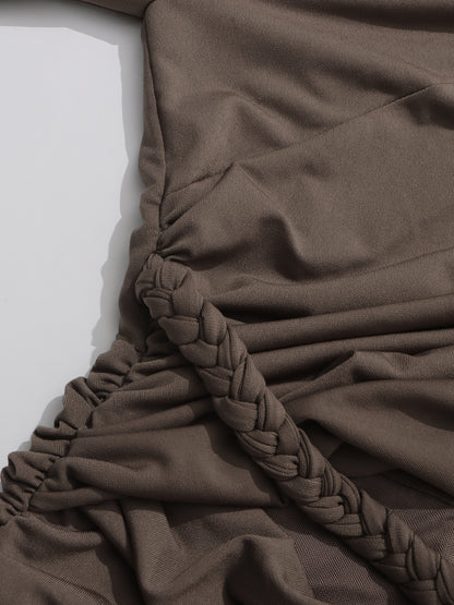 Coffee Ruched Maxi Dress with Cutout Waist