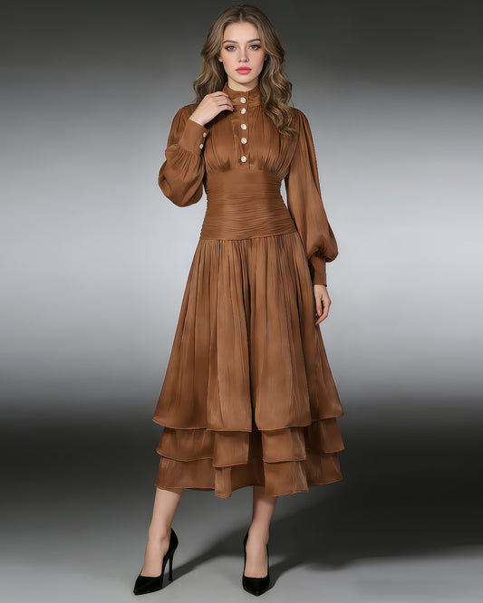 Coffee Ruched Waist Tiered Midi Dress