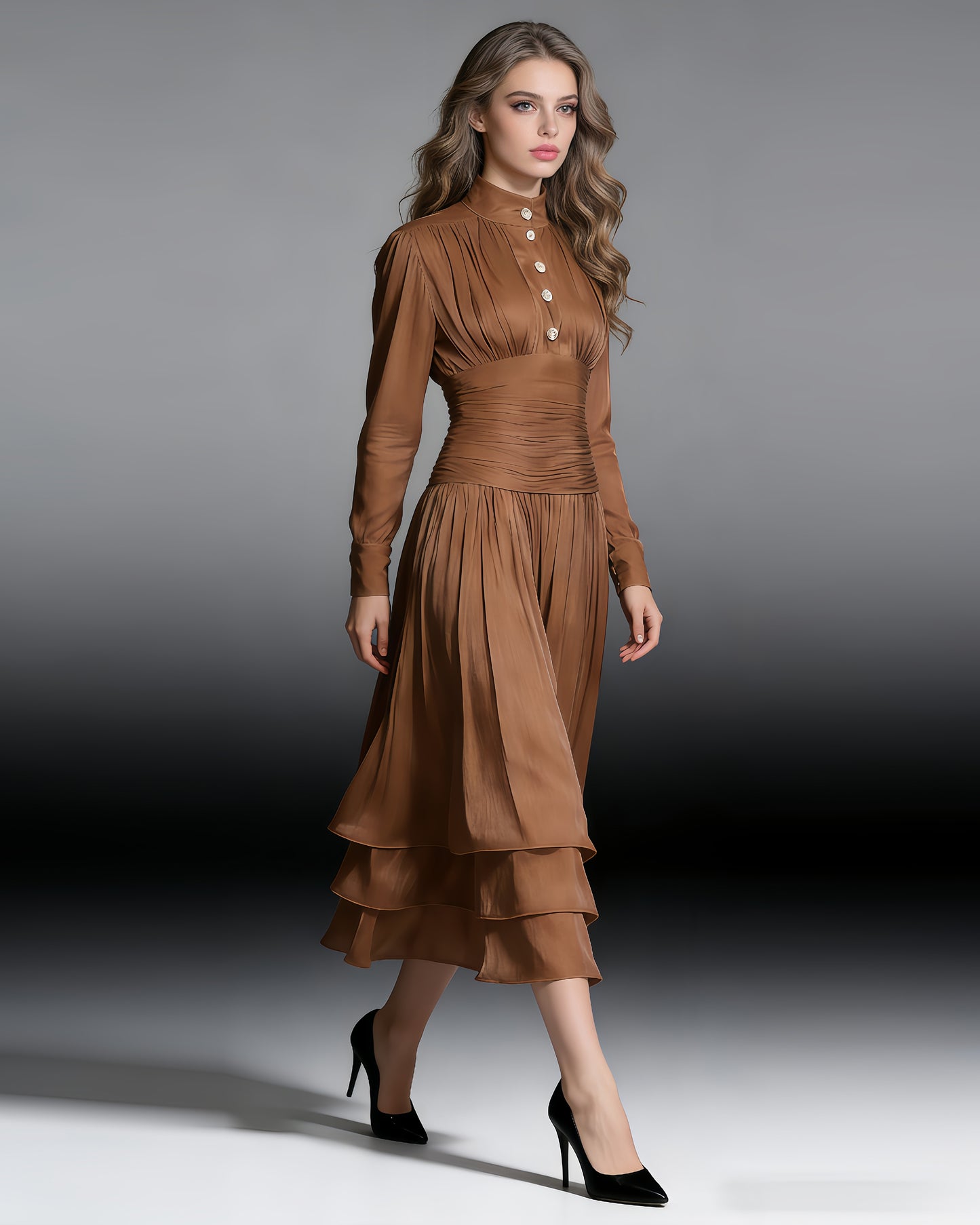 Coffee Ruched Waist Tiered Midi Dress