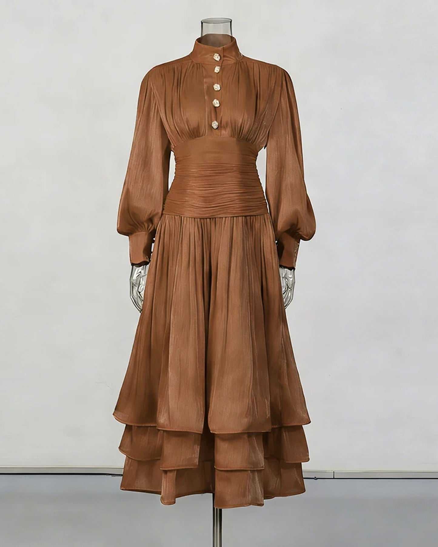 Coffee Ruched Waist Tiered Midi Dress