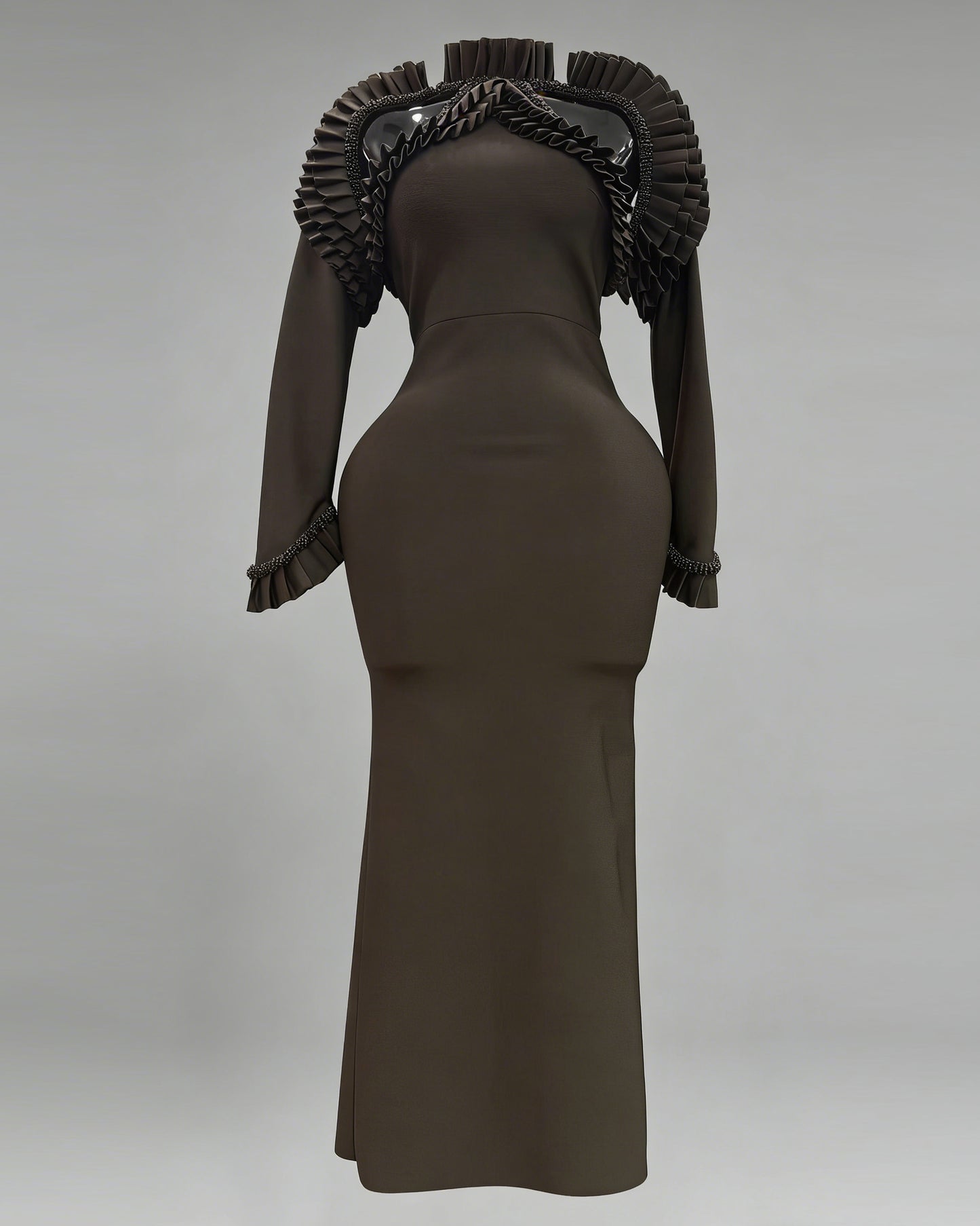 Coffee Ruffled Rhinestone Fitted Gown