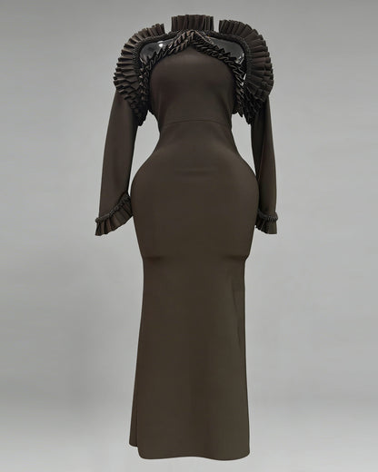 Coffee Ruffled Rhinestone Fitted Gown