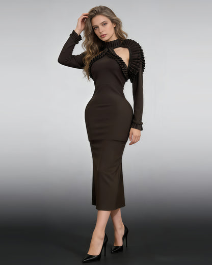 Coffee Ruffled Rhinestone Fitted Gown