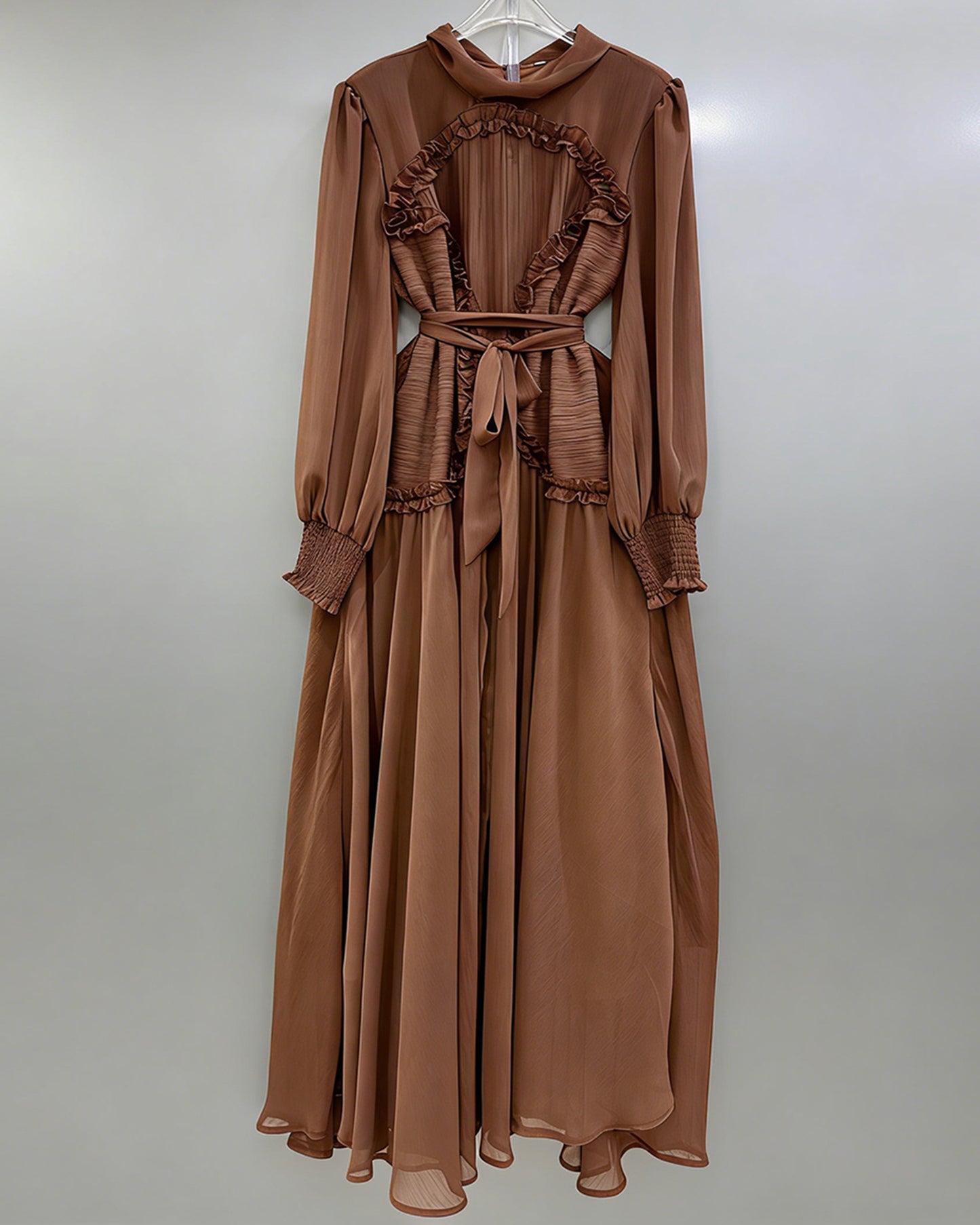 Coffee Ruffled Tie-Waist Maxi Dress