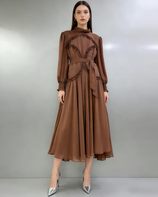 Coffee Ruffled Tie-Waist Maxi Dress