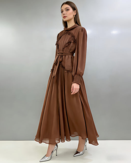 Coffee Ruffled Tie-Waist Maxi Dress