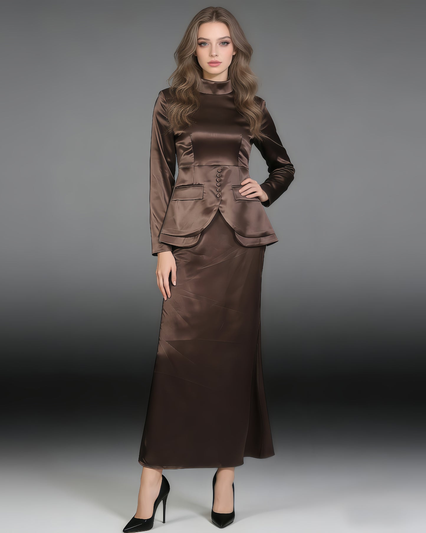 Coffee Satin High Neck Top & Skirt Set