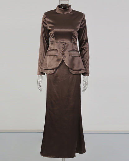 Coffee Satin High Neck Top & Skirt Set