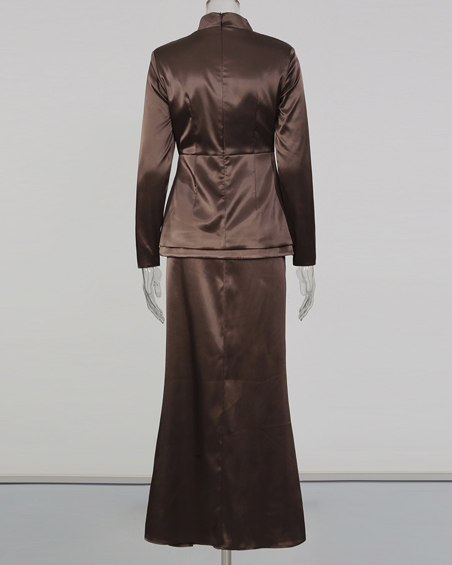 Coffee Satin High Neck Top & Skirt Set