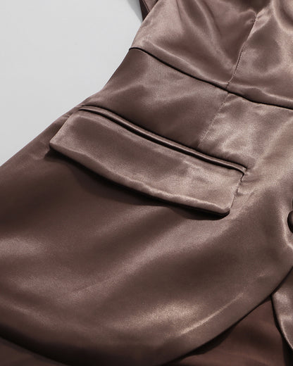 Coffee Satin High Neck Top & Skirt Set