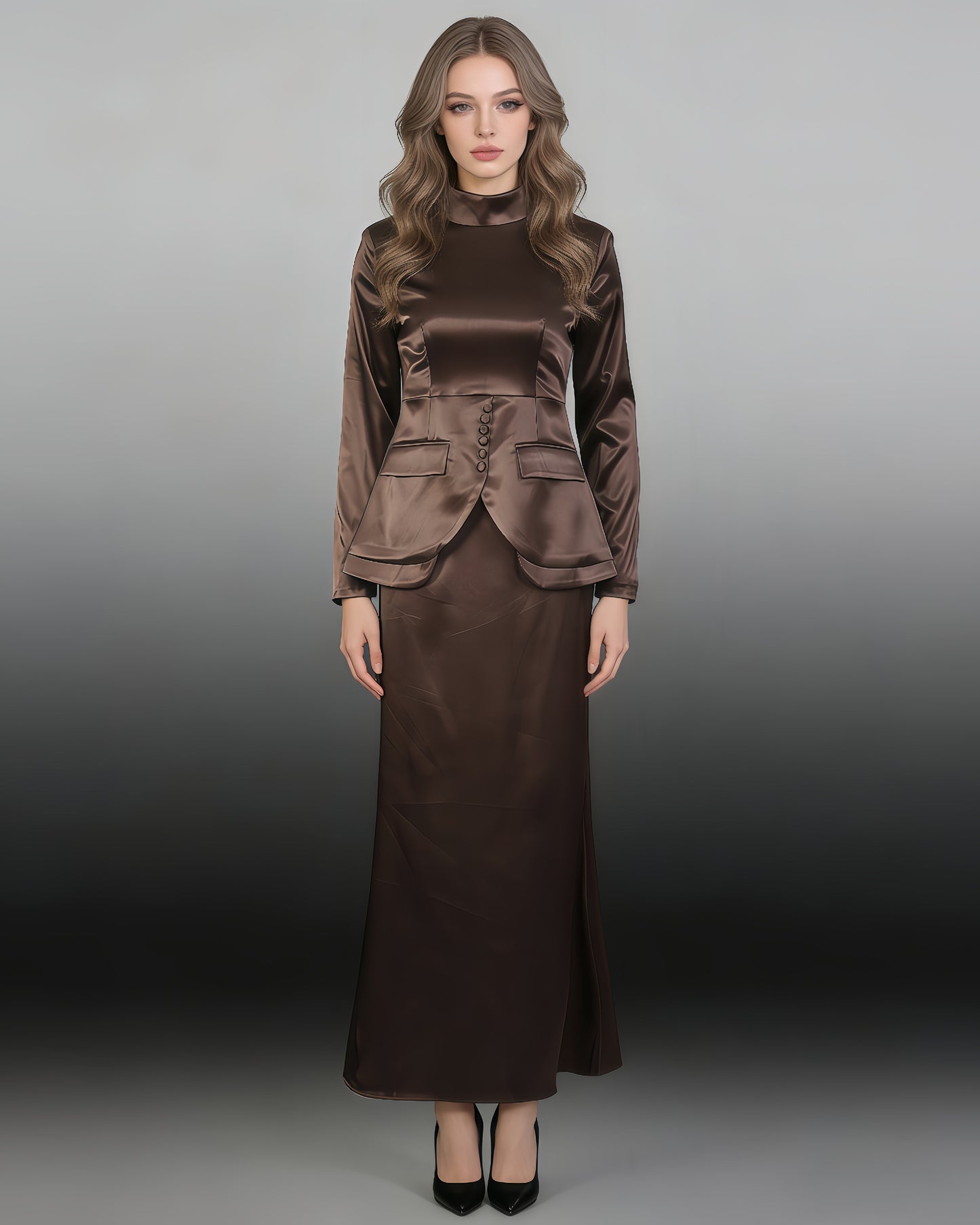 Coffee Satin High Neck Top & Skirt Set