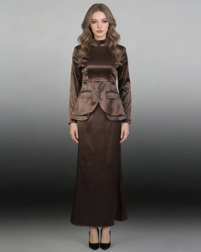 Coffee Satin High Neck Top & Skirt Set