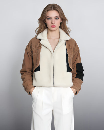 Coffee Shearling Cropped Jacket with Patch Accents