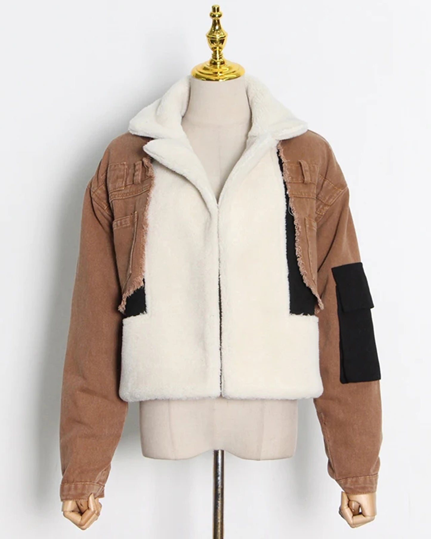 Coffee Shearling Cropped Jacket with Patch Accents