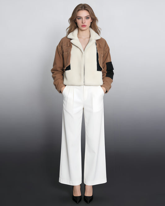 Coffee Shearling Cropped Jacket with Patch Accents