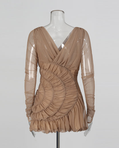Coffee Sheer Ruched Mini Dress