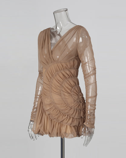 Coffee Sheer Ruched Mini Dress