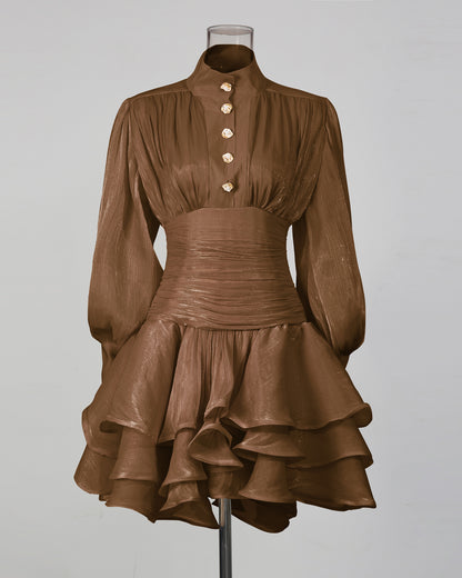 Coffee Shimmer Puff Sleeve Ruffled Mini Dress