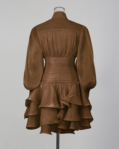 Coffee Shimmer Puff Sleeve Ruffled Mini Dress