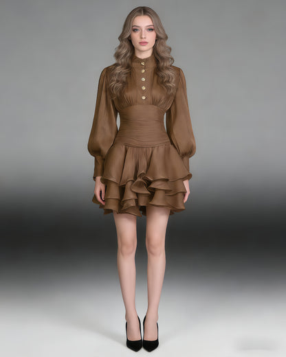 Coffee Shimmer Puff Sleeve Ruffled Mini Dress