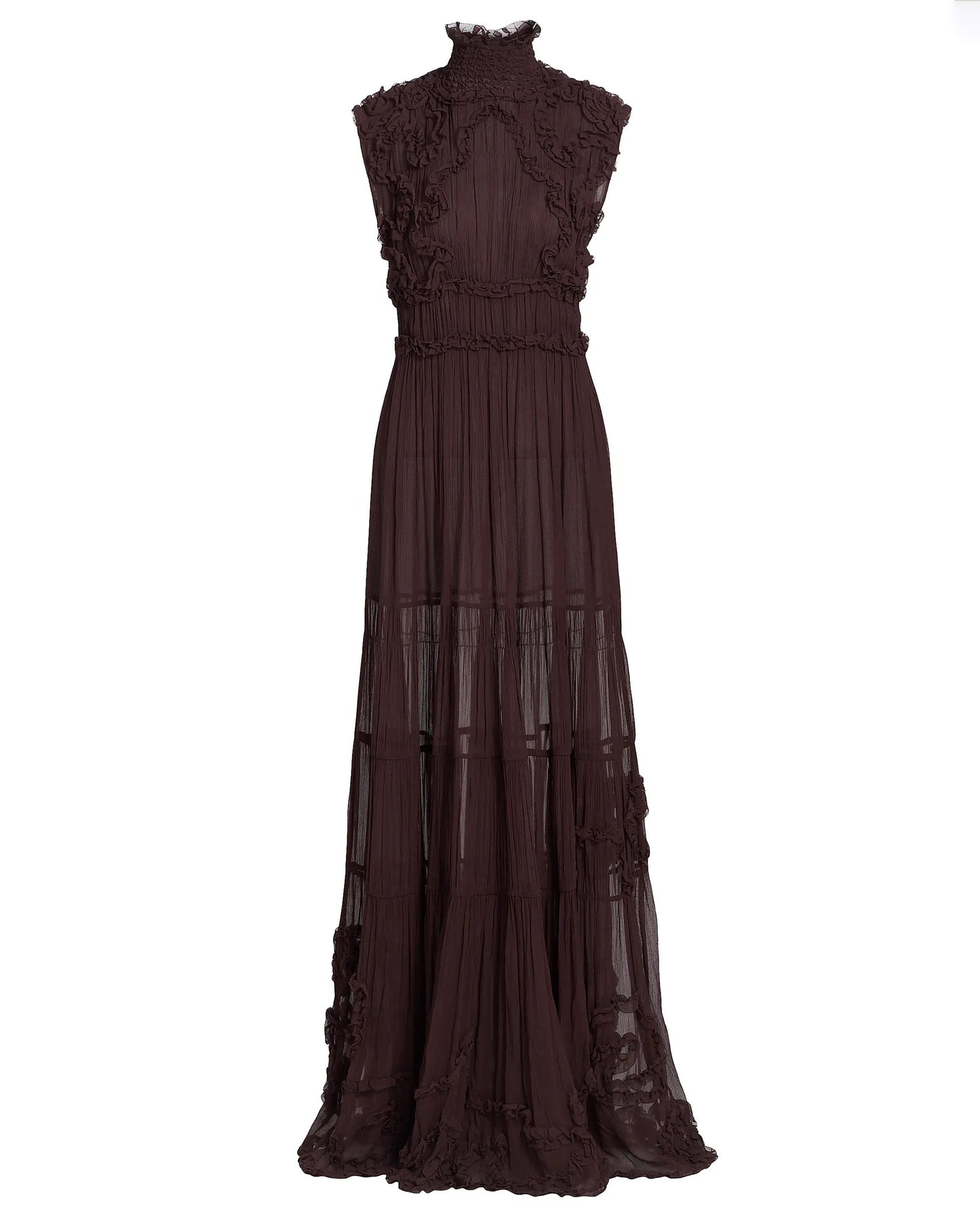 Coffee Sleeveless High Neck Ruffle Maxi Dress