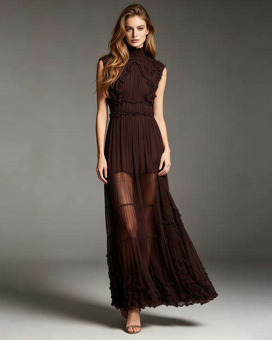 Coffee Sleeveless High Neck Ruffle Maxi Dress