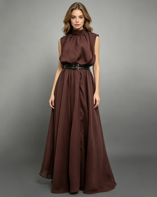 Sleeveless High Neck Waist Maxi Dress With Belt