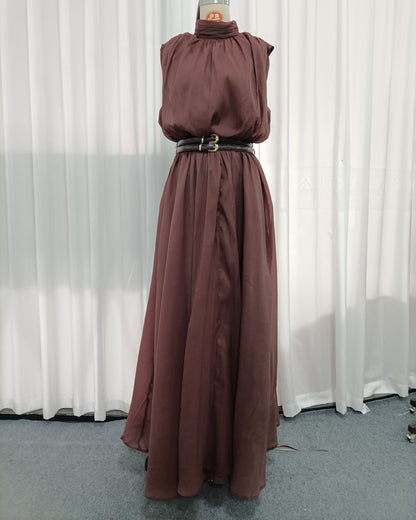 Coffee Sleeveless High Neck Waist Maxi Dress With Belt