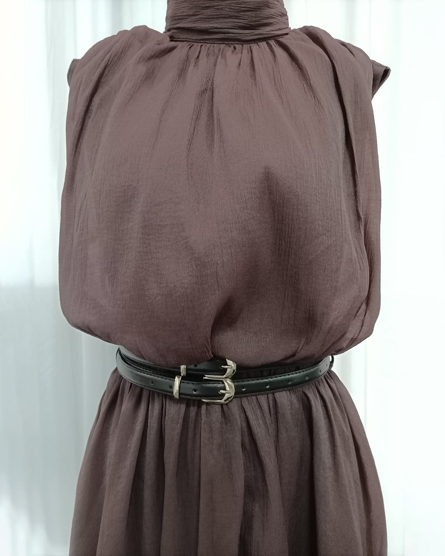 Coffee Sleeveless High Neck Waist Maxi Dress With Belt