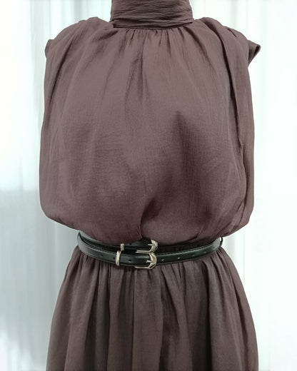 Coffee Sleeveless High Neck Waist Maxi Dress With Belt