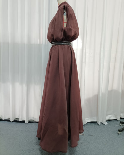 Coffee Sleeveless High Neck Waist Maxi Dress With Belt