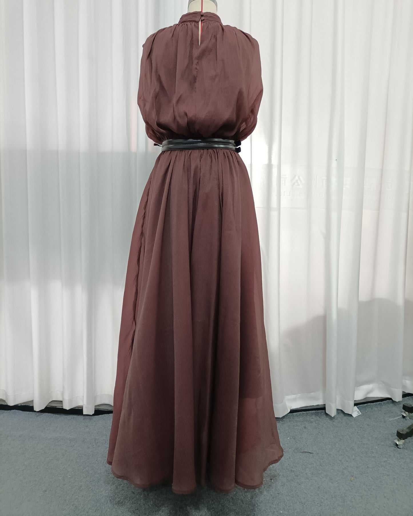 Coffee Sleeveless High Neck Waist Maxi Dress With Belt