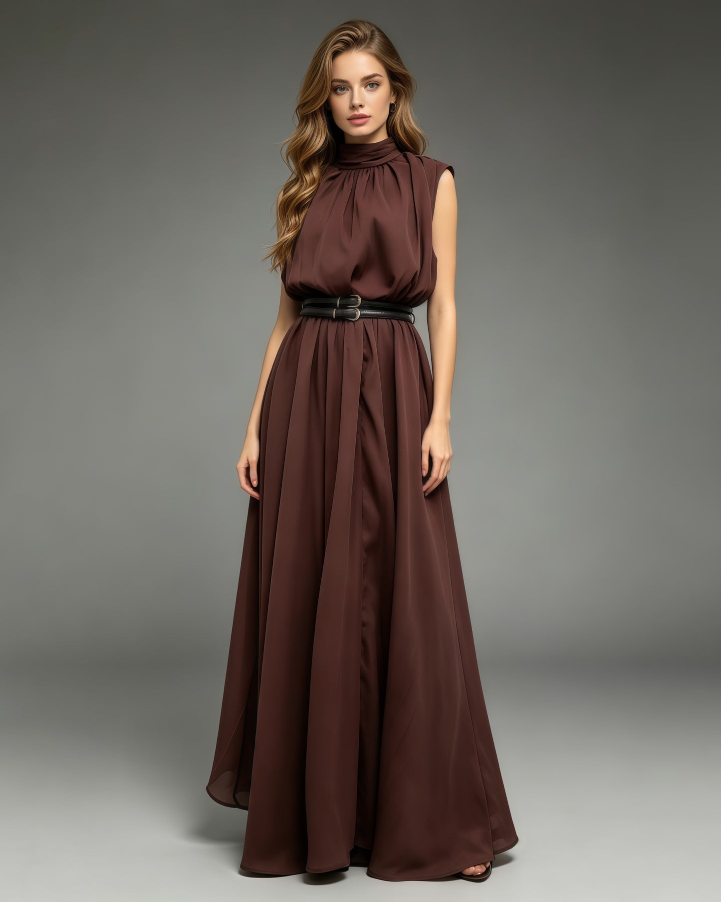 Coffee Sleeveless High Neck Waist Maxi Dress With Belt
