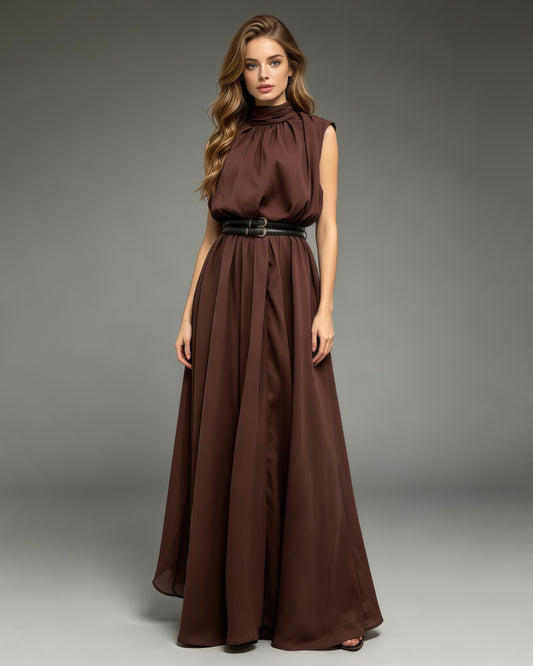 Sleeveless High Neck Waist Maxi Dress With Belt