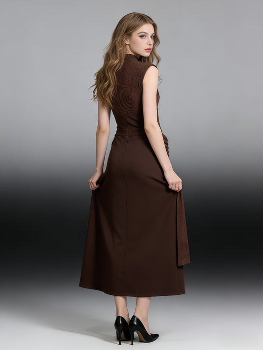 Coffee Sleeveless Midi Dress with Metal-Accent Drape