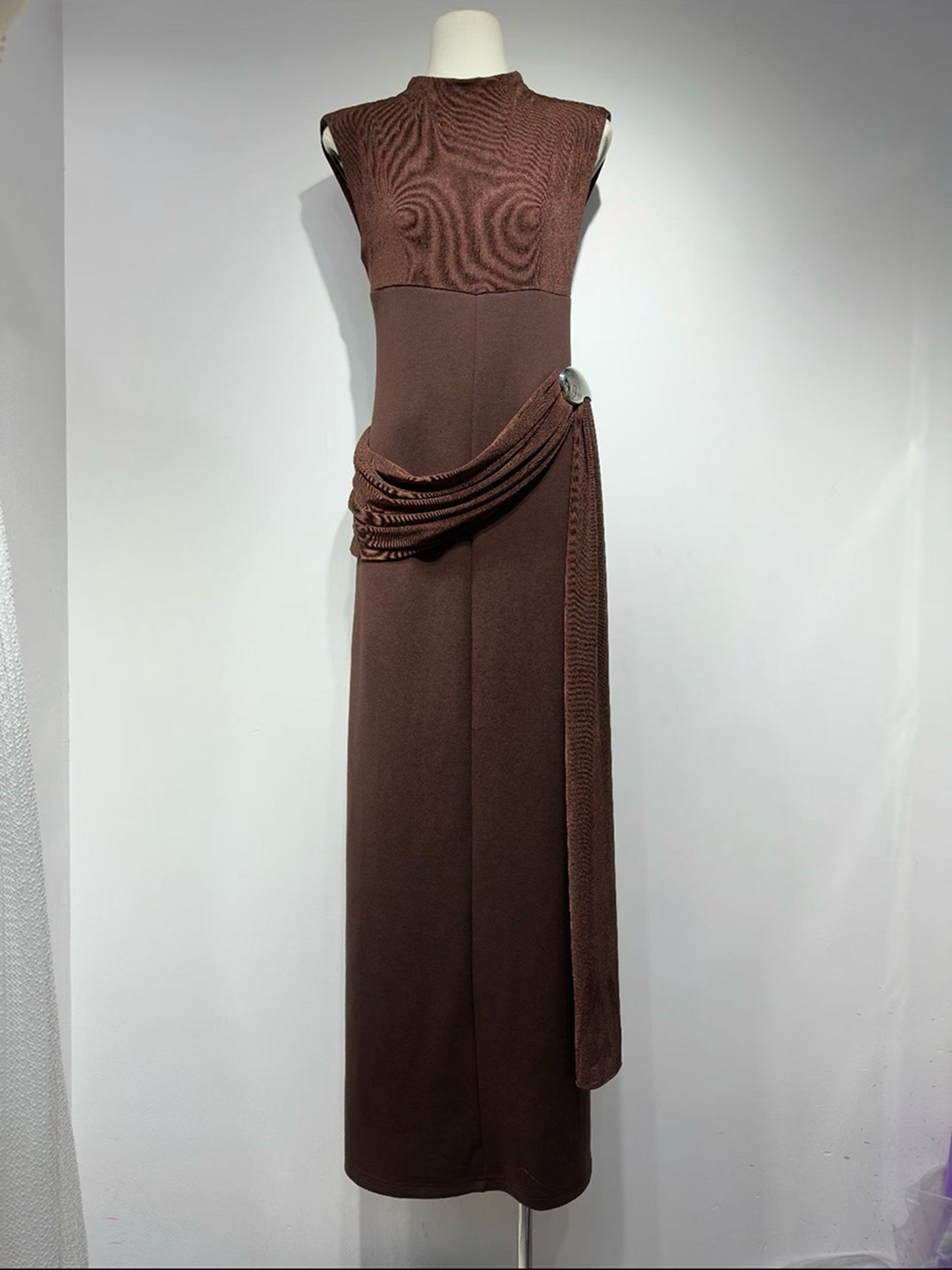 Coffee Sleeveless Midi Dress with Metal-Accent Drape