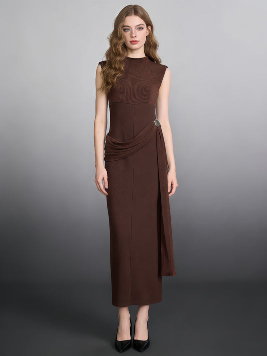 Coffee Sleeveless Midi Dress with Metal-Accent Drape