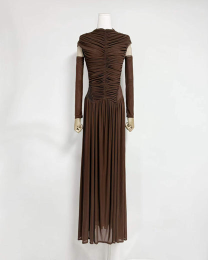 Coffee Stand Collar Ruched Maxi Dress