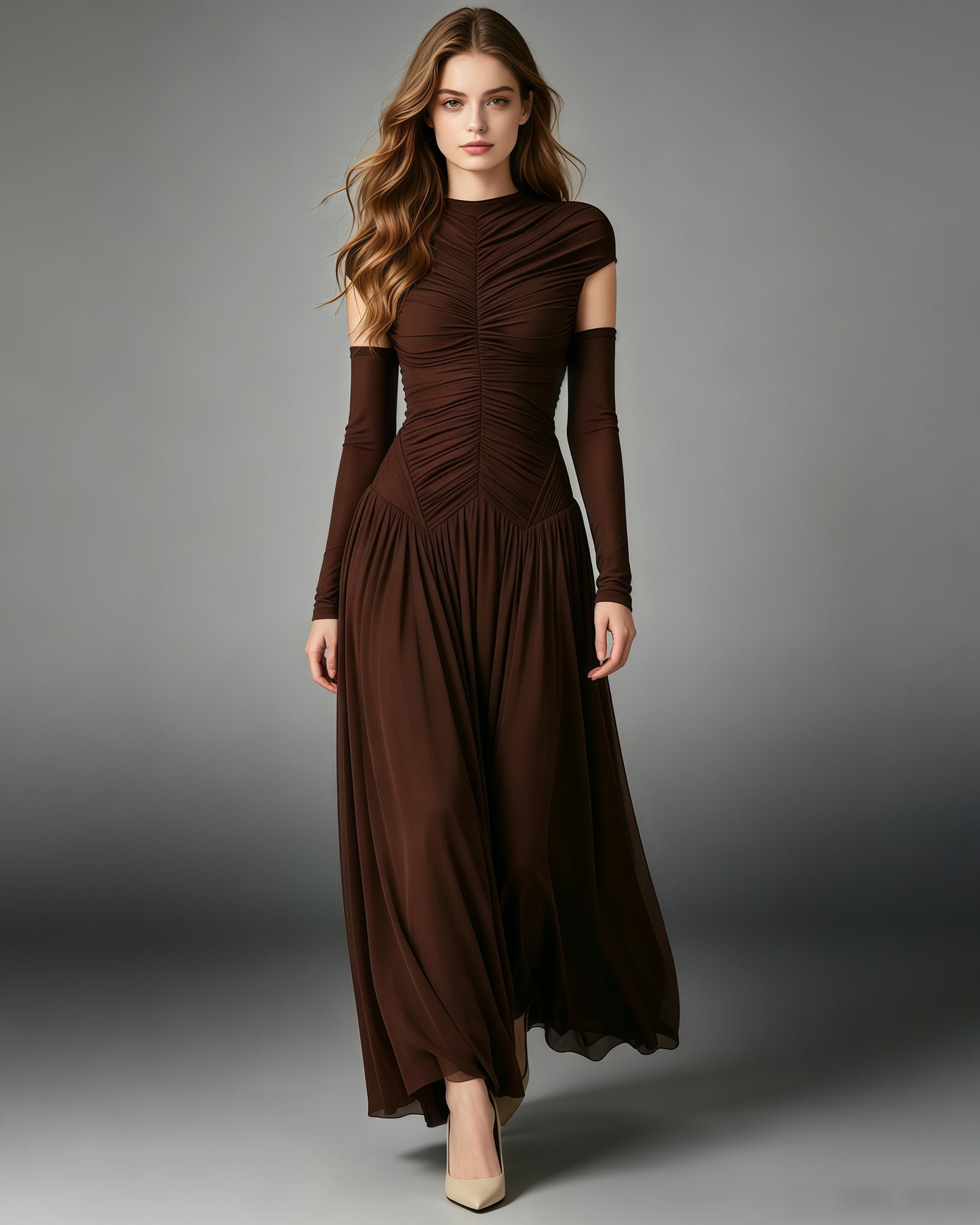 Coffee Stand Collar Ruched Maxi Dress