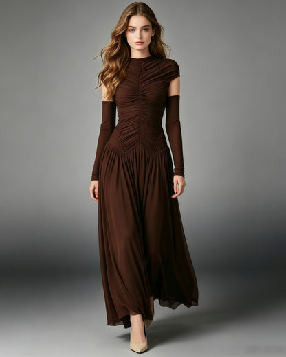 Coffee Stand Collar Ruched Maxi Dress