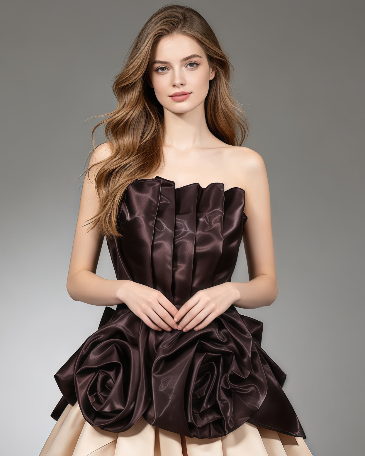 Coffee Strapless 3D Rose Peplum Formal Top